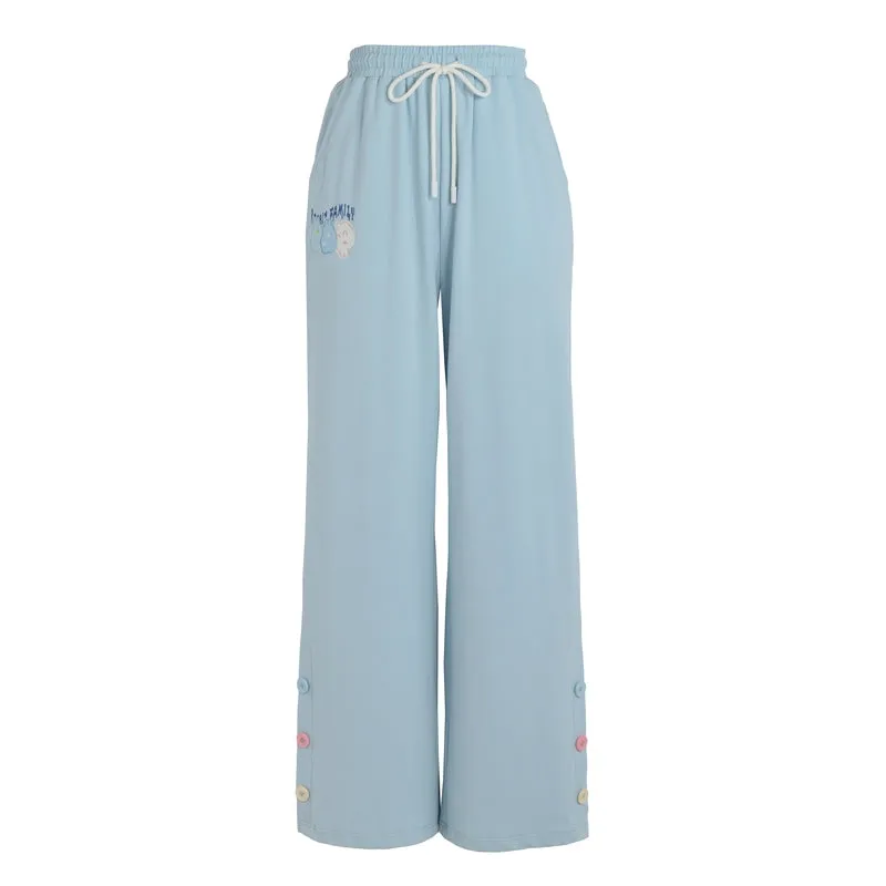 Cartoon Rabbit Print Blue Casual Pants