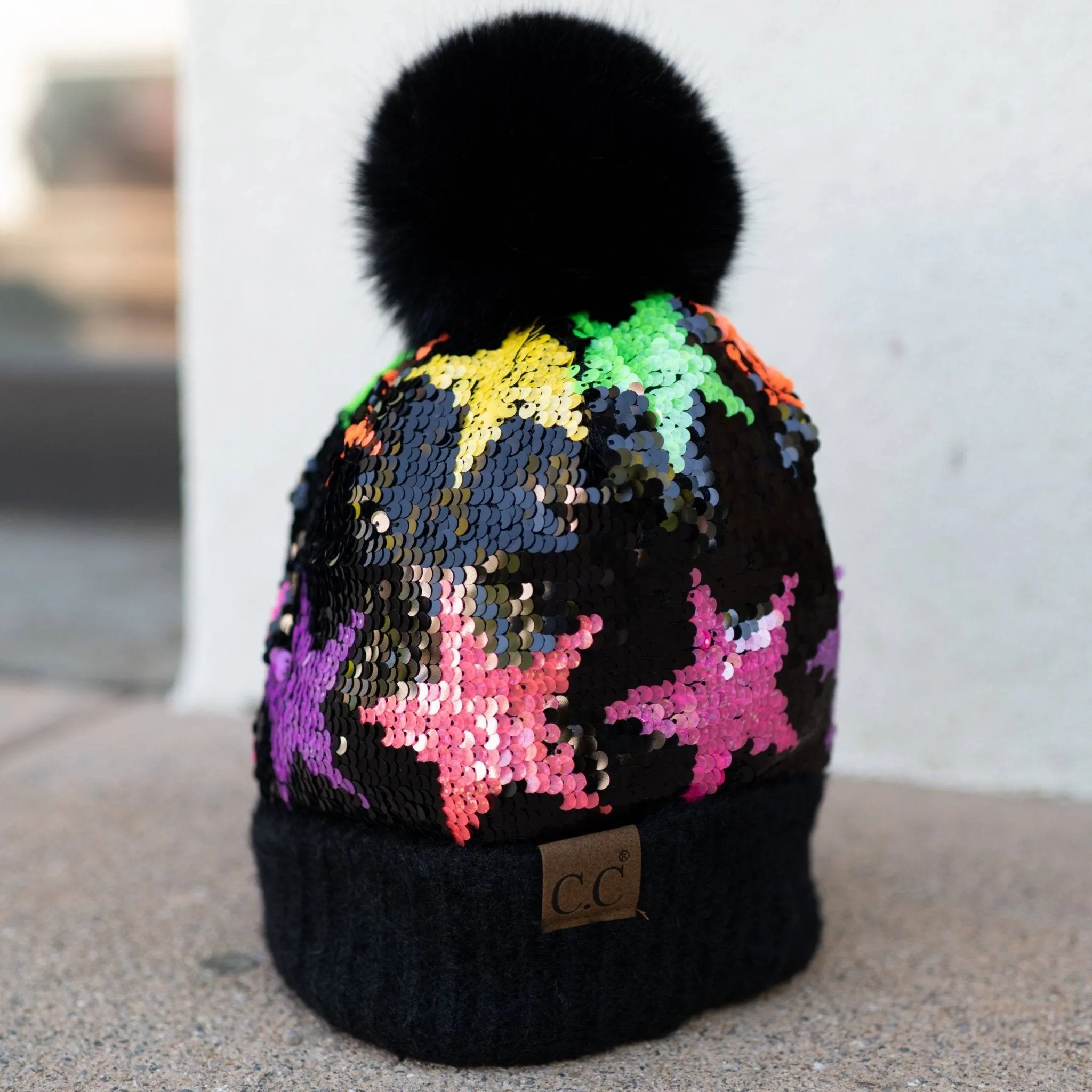 CC Kids Neon Star Sequin Faux Fur Pom Beanie