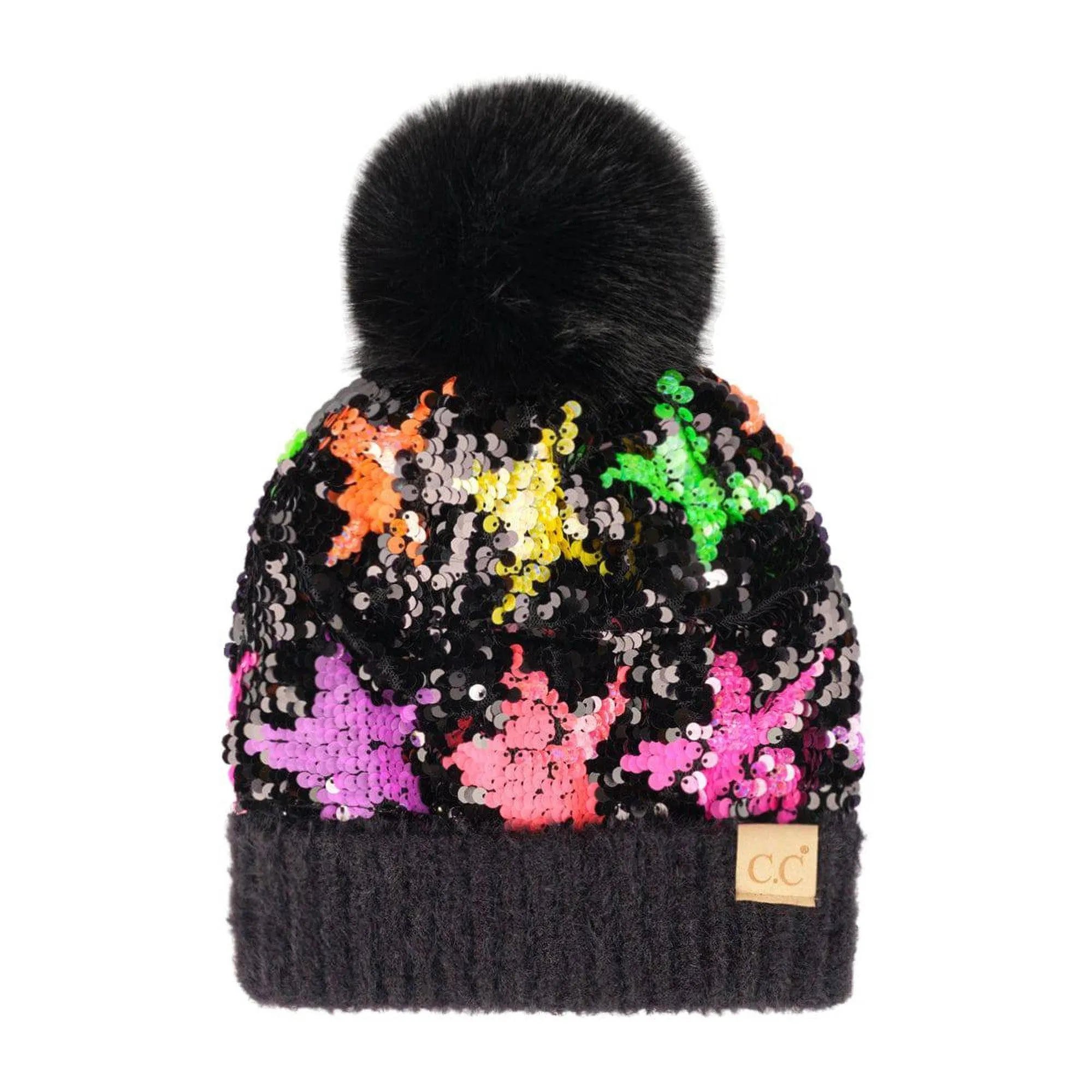 CC Kids Neon Star Sequin Faux Fur Pom Beanie