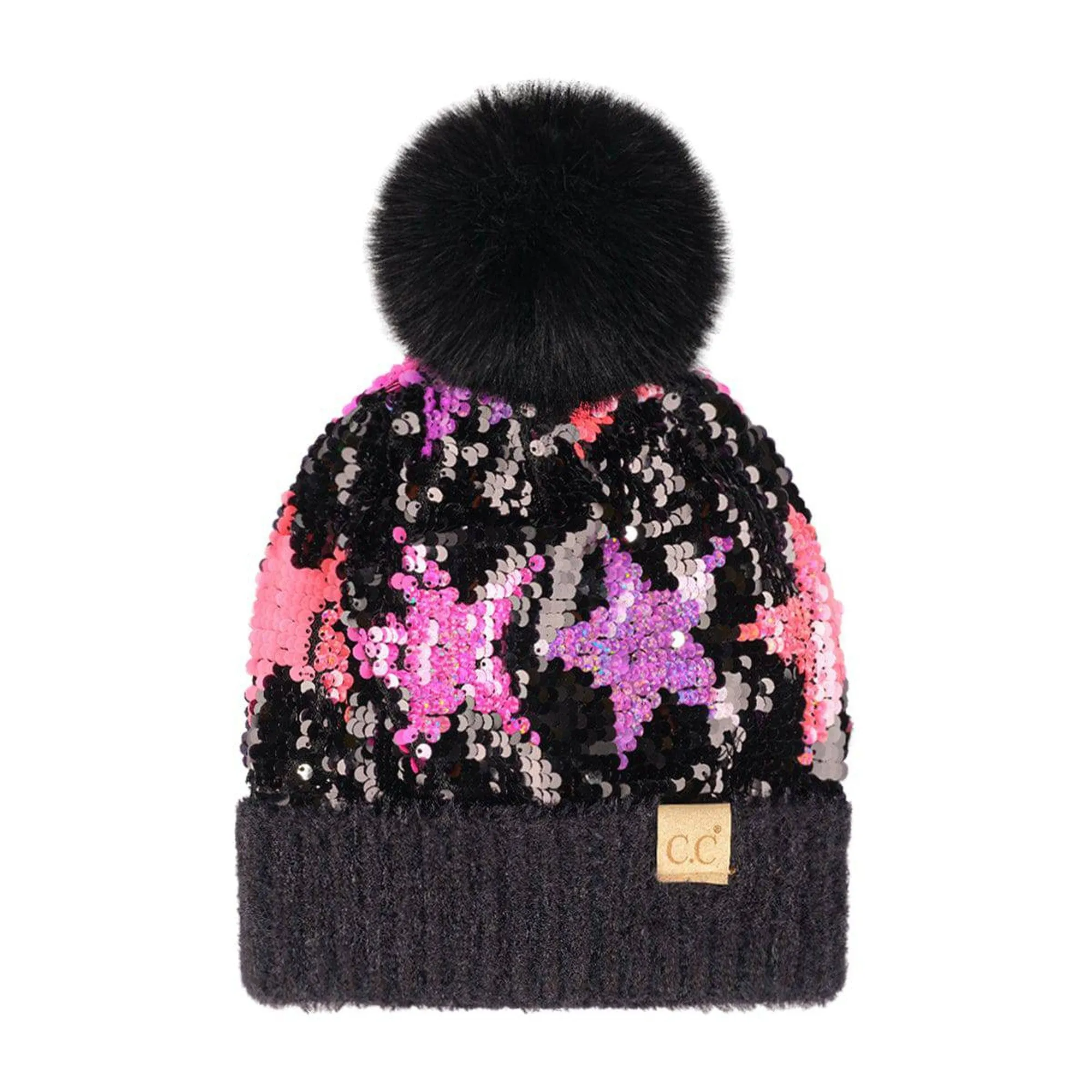 CC Kids Neon Star Sequin Faux Fur Pom Beanie