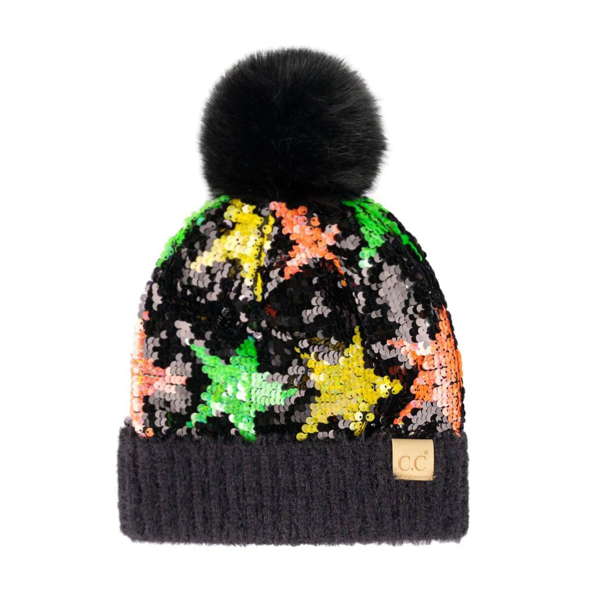 CC Kids Neon Star Sequin Faux Fur Pom Beanie