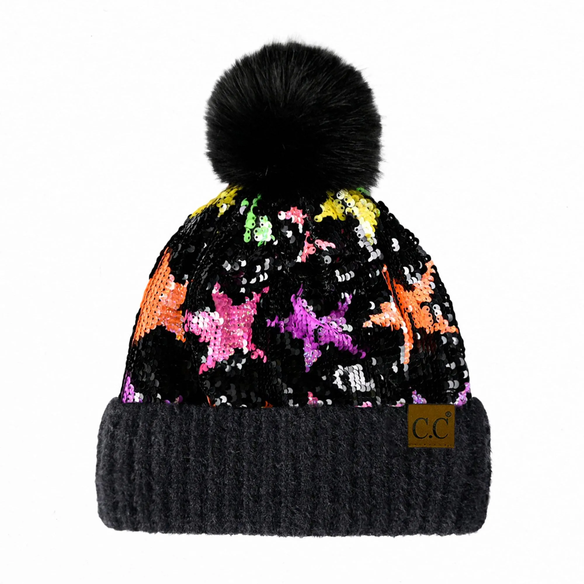CC Kids Neon Star Sequin Faux Fur Pom Beanie