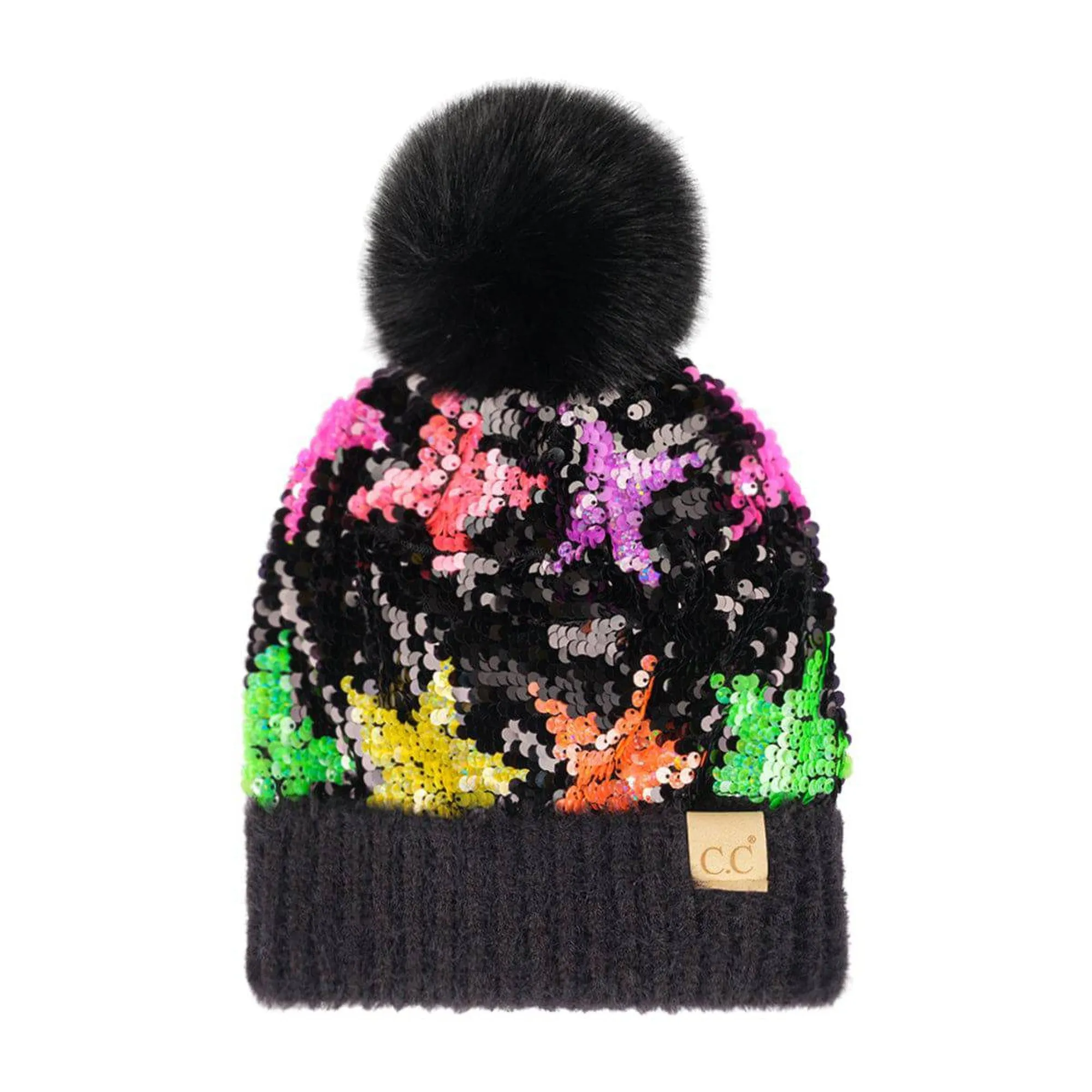 CC Kids Neon Star Sequin Faux Fur Pom Beanie