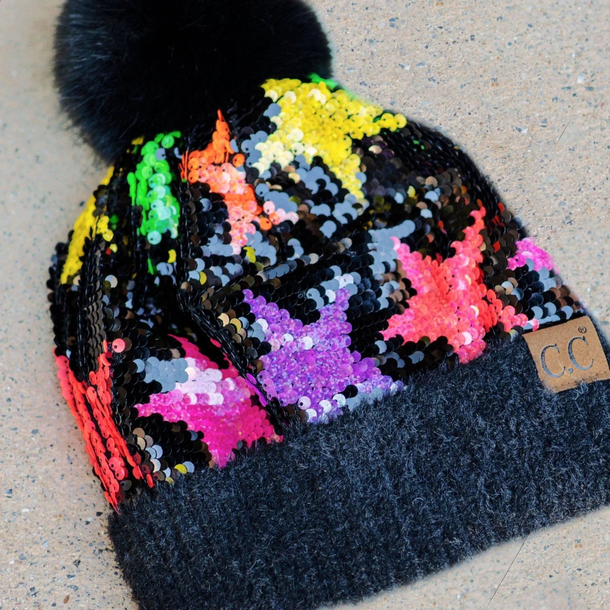 CC Kids Neon Star Sequin Faux Fur Pom Beanie