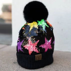 CC Kids Neon Star Sequin Faux Fur Pom Beanie