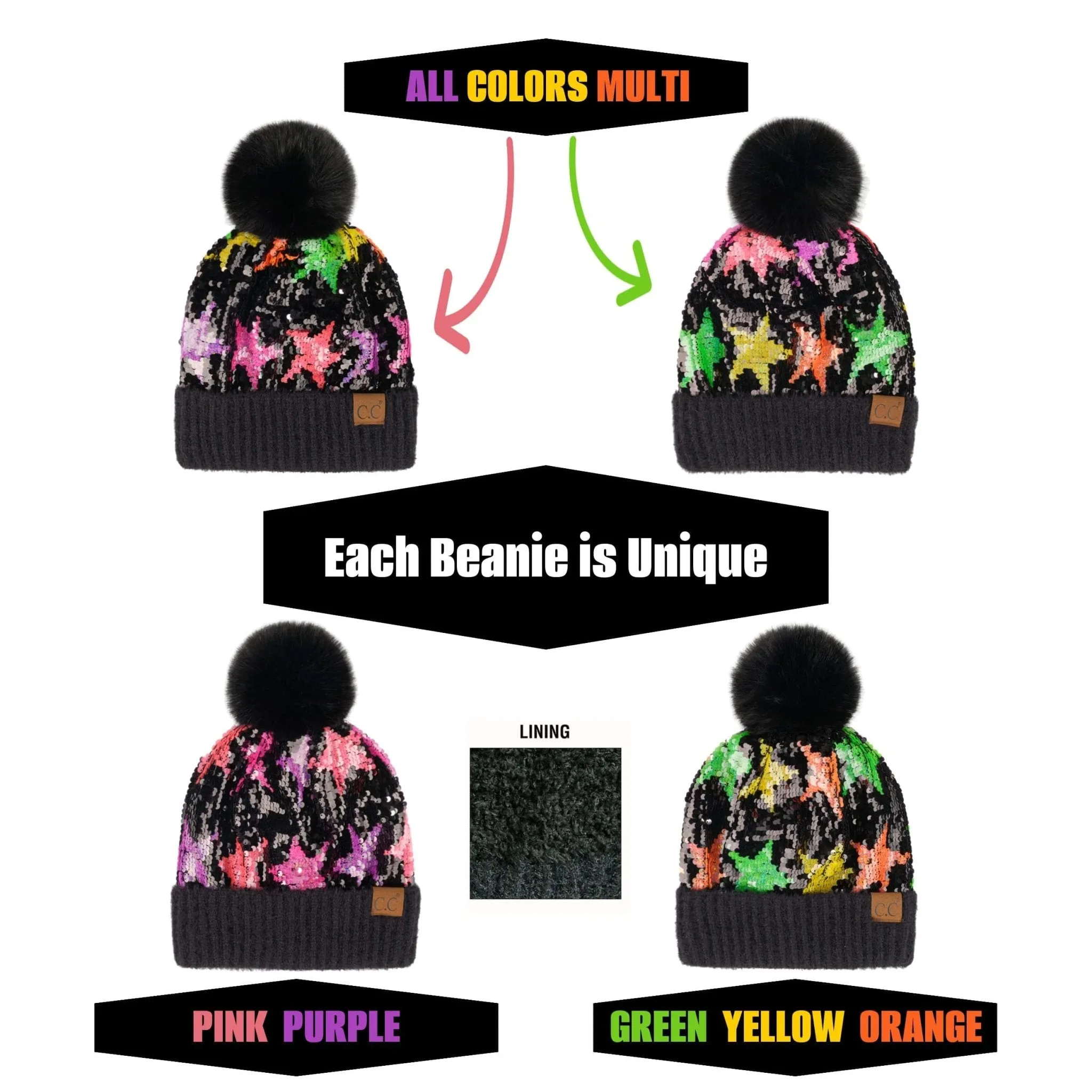 CC Kids Neon Star Sequin Faux Fur Pom Beanie
