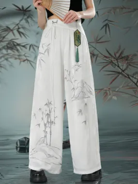 Chinese Style Traditional Floral High-Waisted White Casual Pants