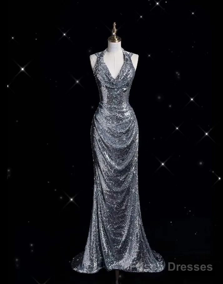 Classy Mermaid Halter Silver Sequin Long Evening Dress Sexy Prom Dresses