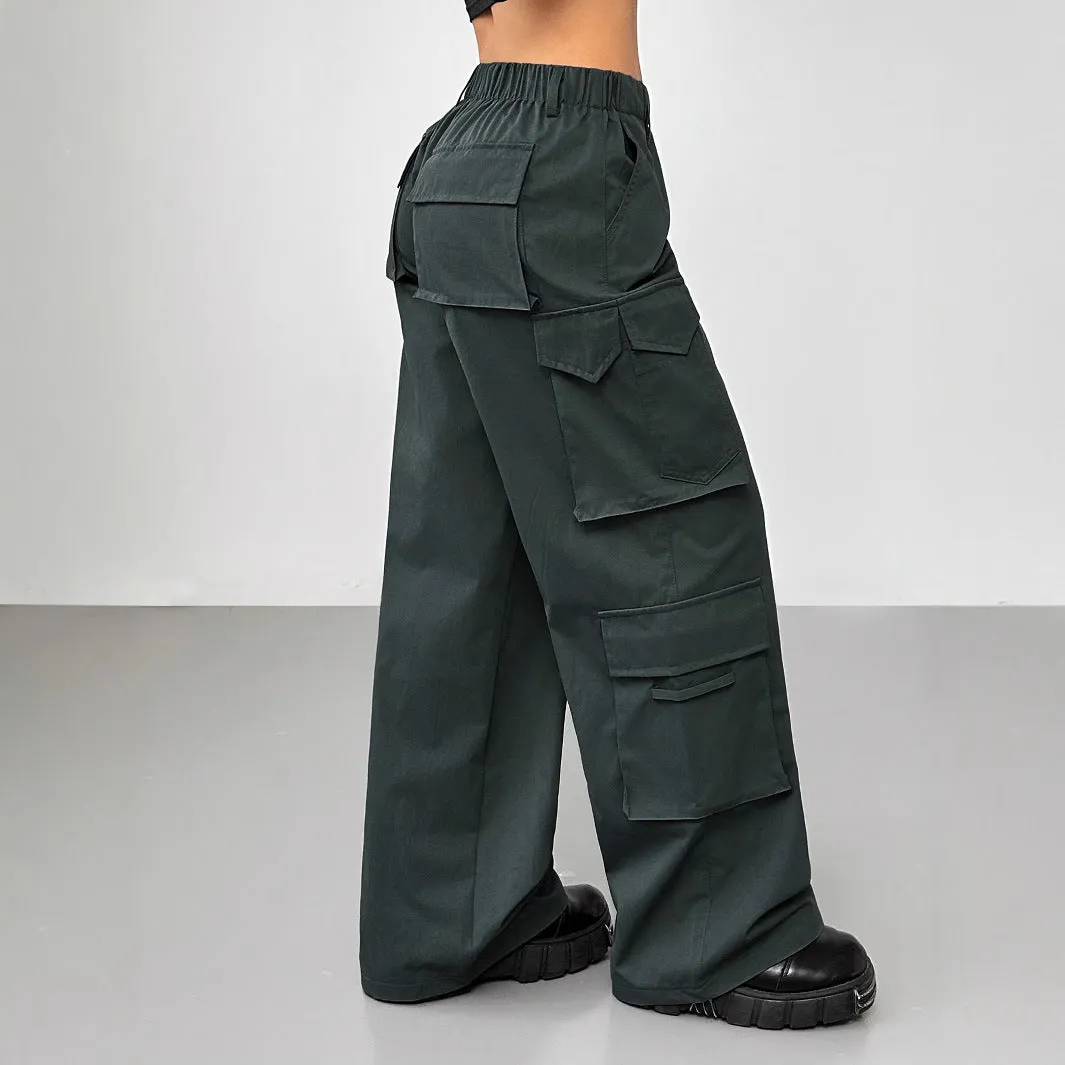 Cross-border independent station  spring and summer new  street style casual pants elastic waist high waist wide leg tooling trousers