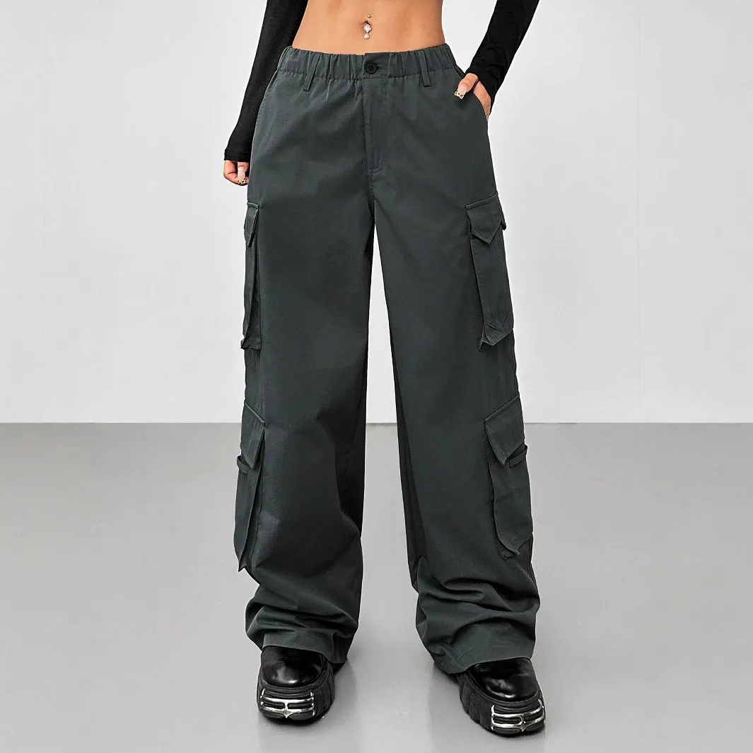 Cross-border independent station  spring and summer new  street style casual pants elastic waist high waist wide leg tooling trousers