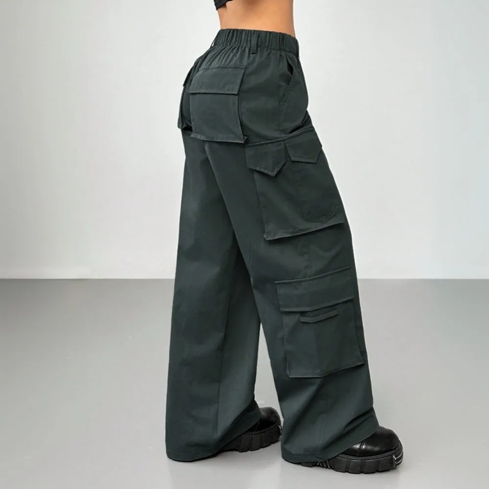 Cross-border independent station  spring and summer new  street style casual pants elastic waist high waist wide leg tooling trousers