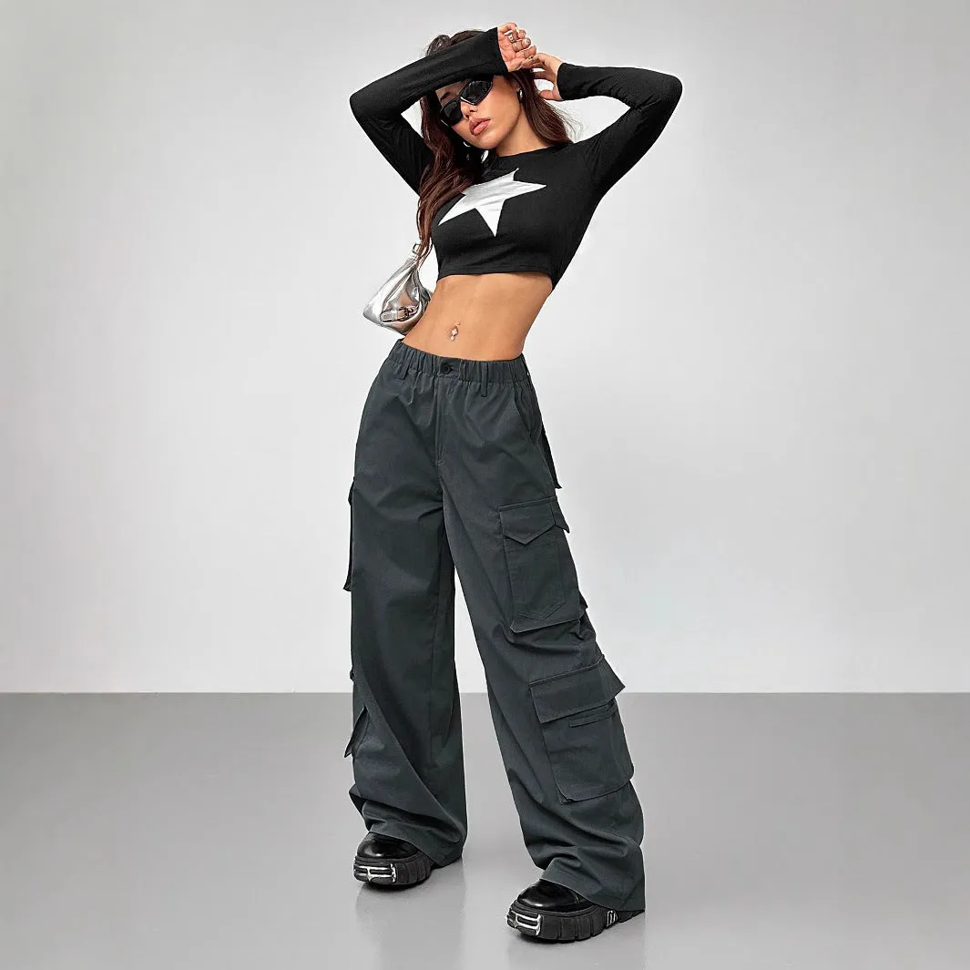 Cross-border independent station  spring and summer new  street style casual pants elastic waist high waist wide leg tooling trousers