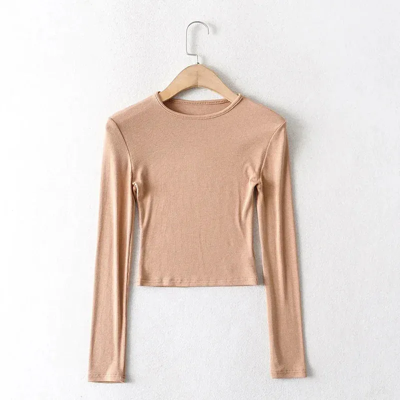 Elastic Cotton Solid O-neck Long Sleeve Tee