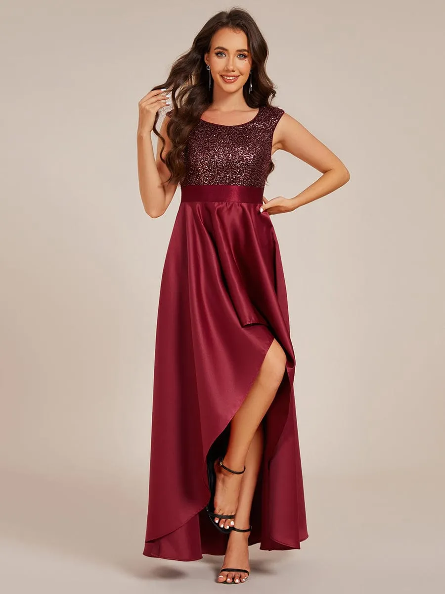 Faye | Sleeveless Sequin Top High-Low Formal Evening Dress with Satin