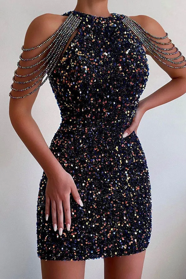 Flytonn-homecoming dresses hoco dresses party dresses fall outfits women Sequined Party Tassel Mini Dress