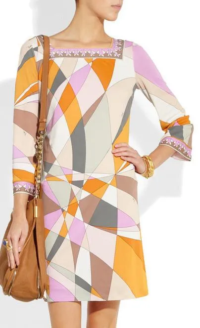 Geometric Print Square-Neck Jersey Silk Mini Dress-Multi Color