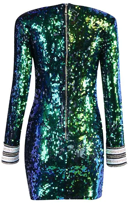 Green Sequin-Embellished Long-Sleeve Mini Dress
