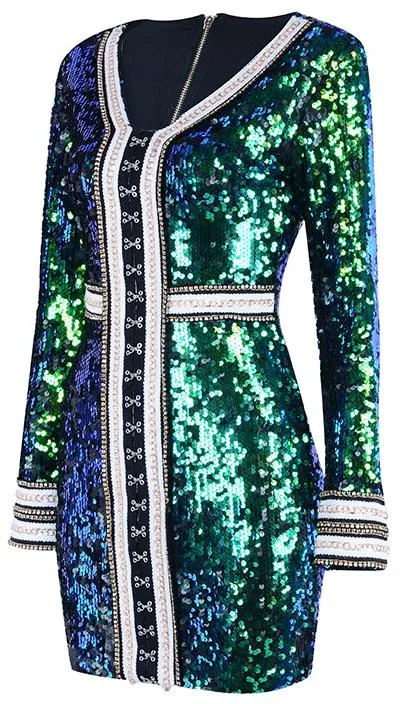 Green Sequin-Embellished Long-Sleeve Mini Dress