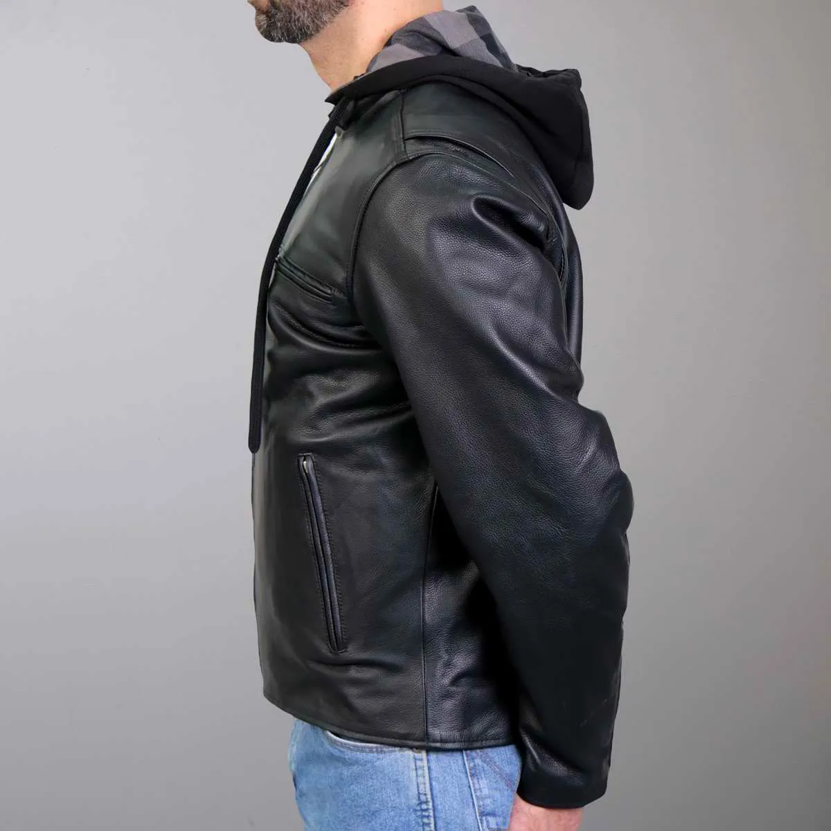 Hot Leathers JKM1030 Mens Black Carry and Conceal Leather Jacket with Flannel Lined Hood