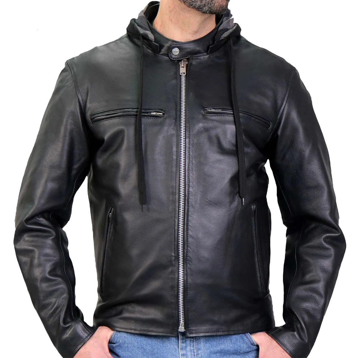Hot Leathers JKM1030 Mens Black Carry and Conceal Leather Jacket with Flannel Lined Hood