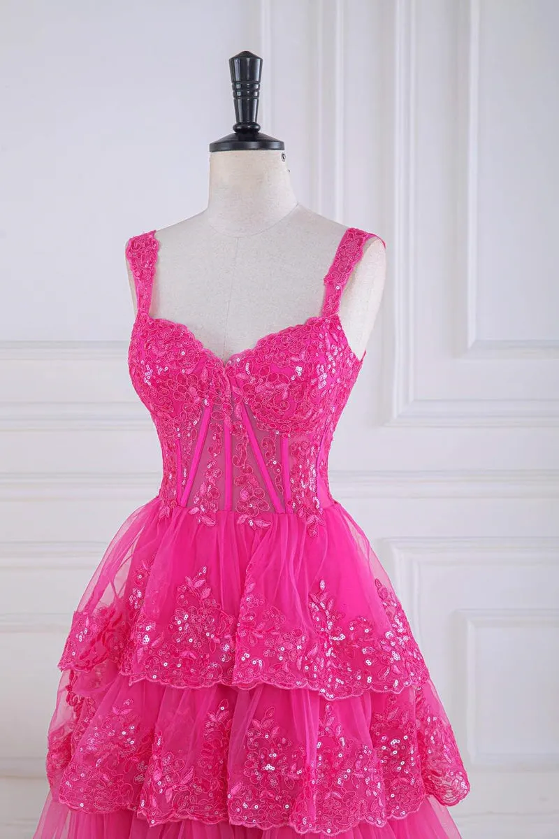 kamahe Ball Gown Corset Layered Fuchsia Prom Dresses Sweetheart Sequin