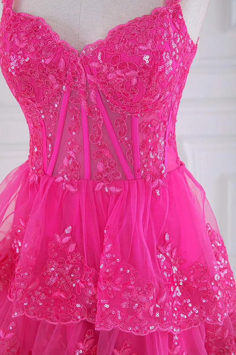 kamahe Ball Gown Corset Layered Fuchsia Prom Dresses Sweetheart Sequin