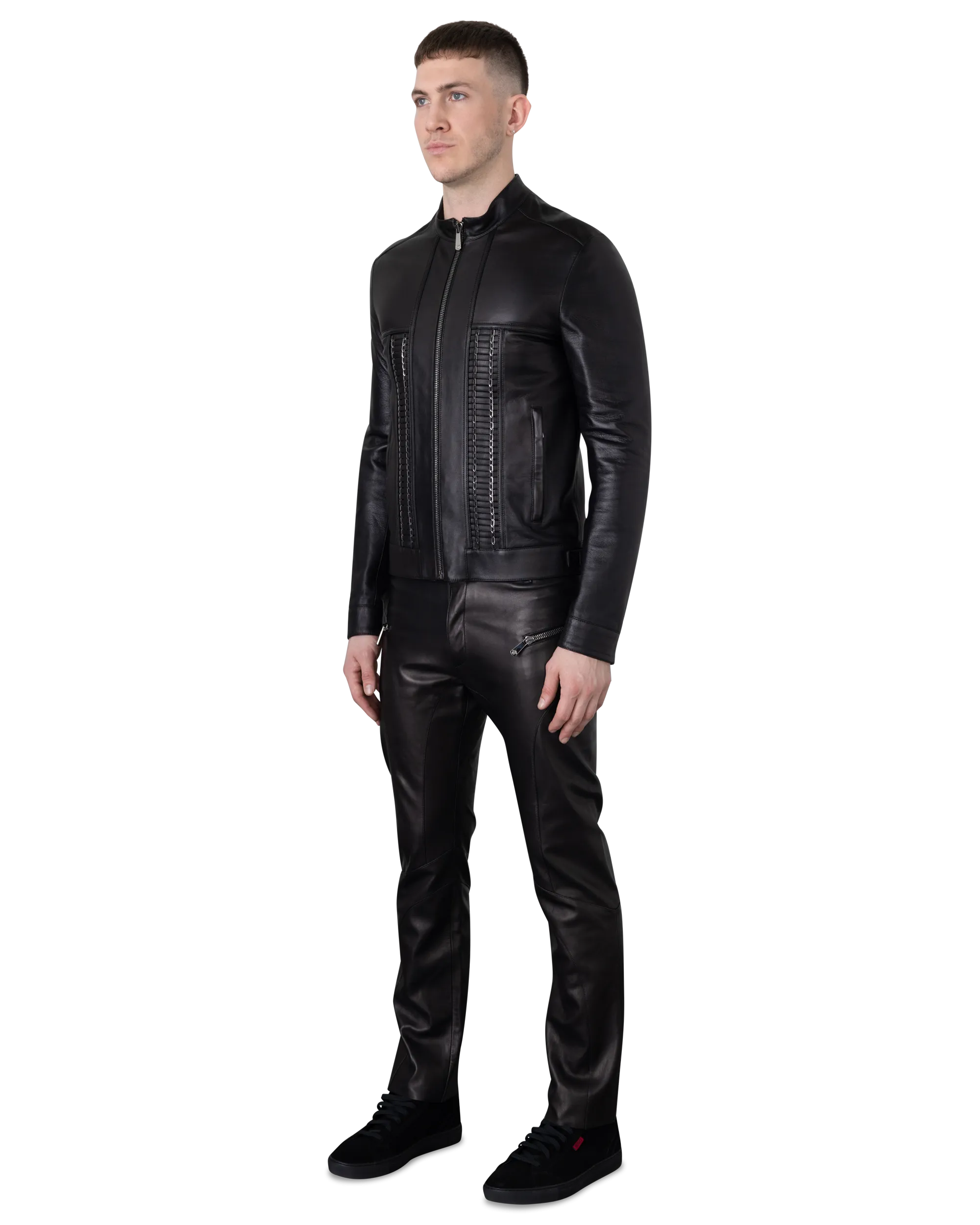 Leather Moto Jacket With Woven Chain Detail