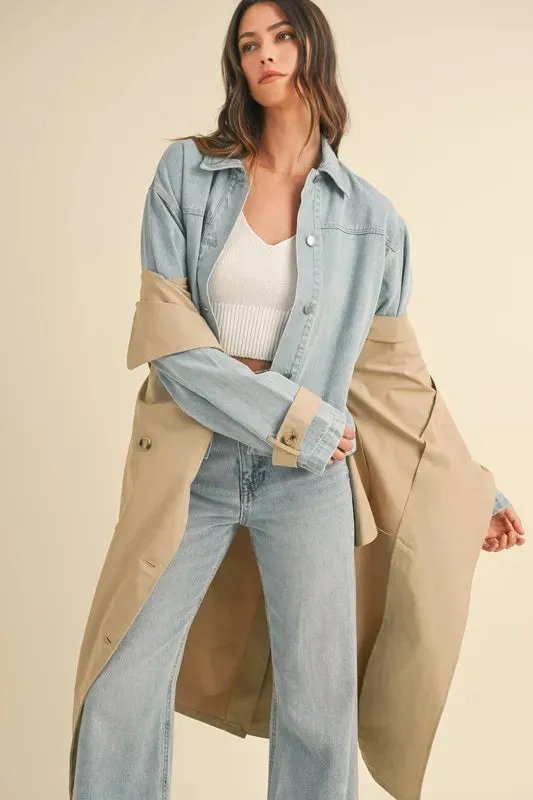 Macey Layered Look Trench Coat With Denim Jacket