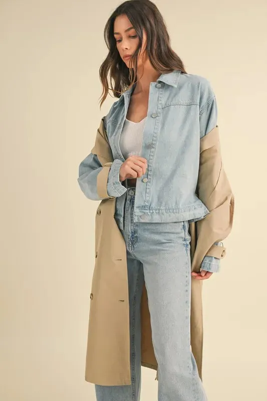 Macey Layered Look Trench Coat With Denim Jacket