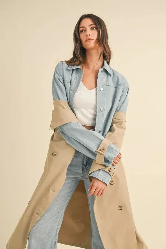 Macey Layered Look Trench Coat With Denim Jacket
