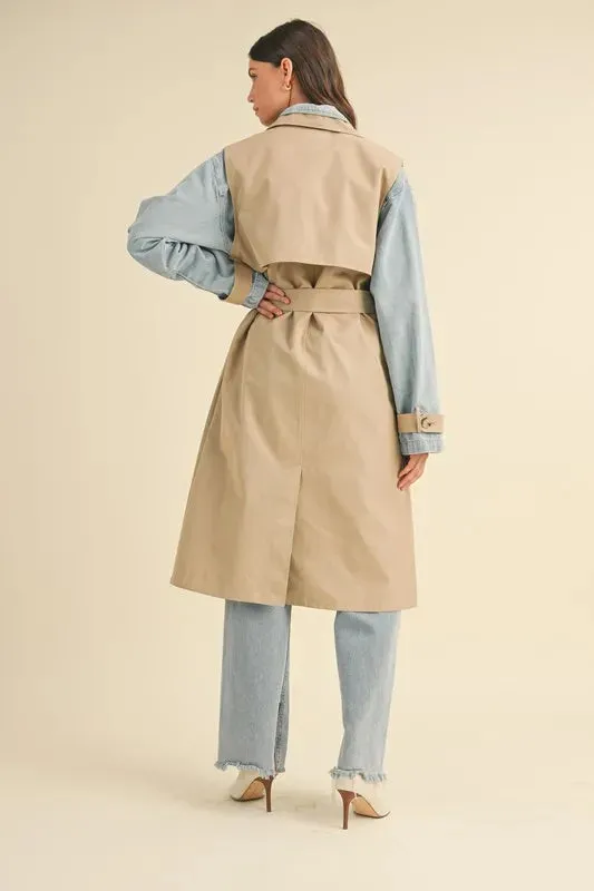 Macey Layered Look Trench Coat With Denim Jacket