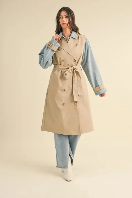 Macey Layered Look Trench Coat With Denim Jacket