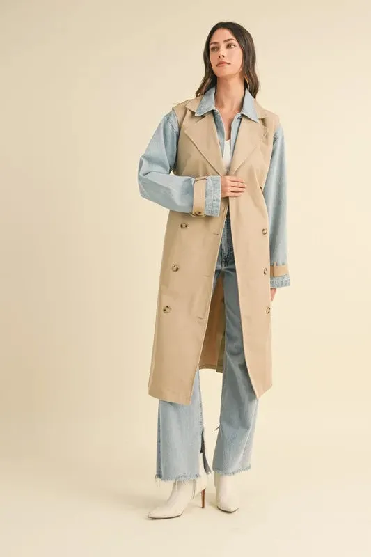 Macey Layered Look Trench Coat With Denim Jacket