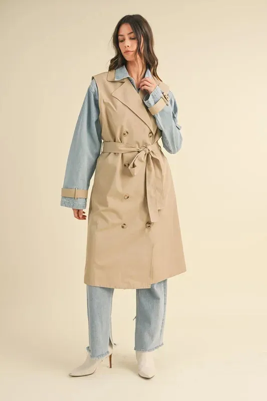 Macey Layered Look Trench Coat With Denim Jacket