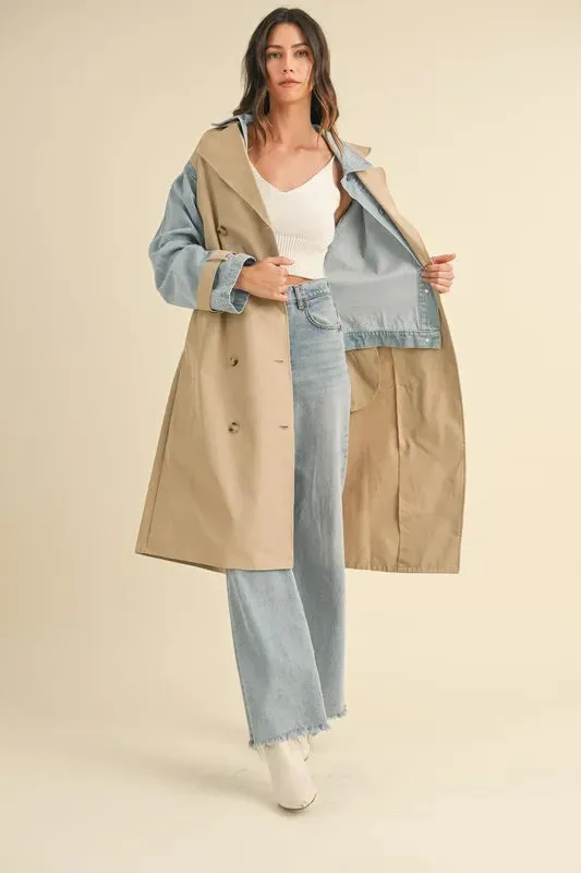 Macey Layered Look Trench Coat With Denim Jacket