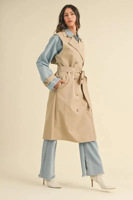 Macey Layered Look Trench Coat With Denim Jacket
