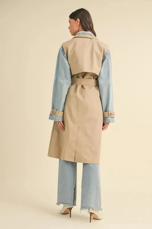 Macey Layered Look Trench Coat With Denim Jacket