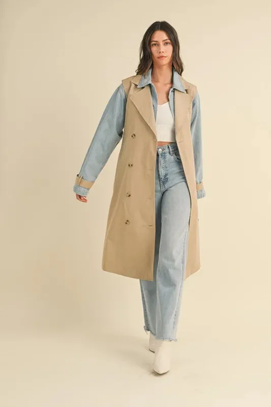 Macey Layered Look Trench Coat With Denim Jacket