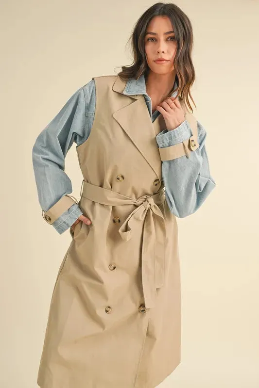 Macey Layered Look Trench Coat With Denim Jacket