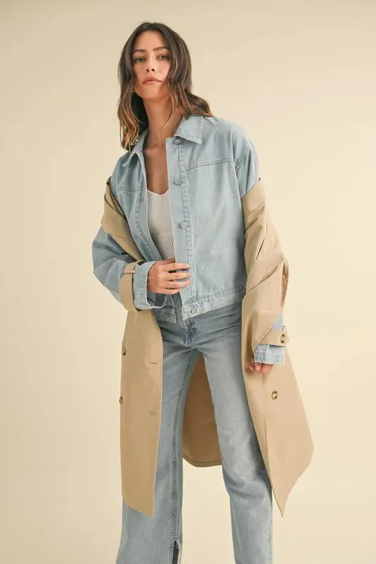 Macey Layered Look Trench Coat With Denim Jacket