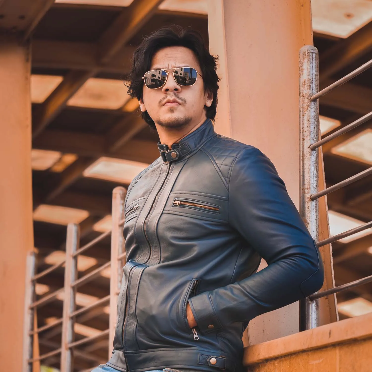 Men's Diamond Style Cafe Racer Blue Leather Jacket