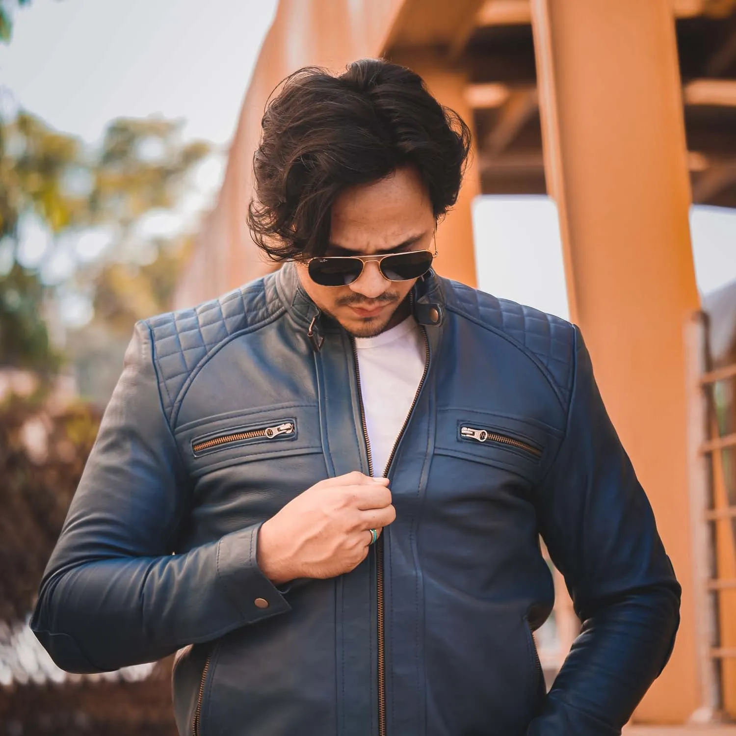 Men's Diamond Style Cafe Racer Blue Leather Jacket