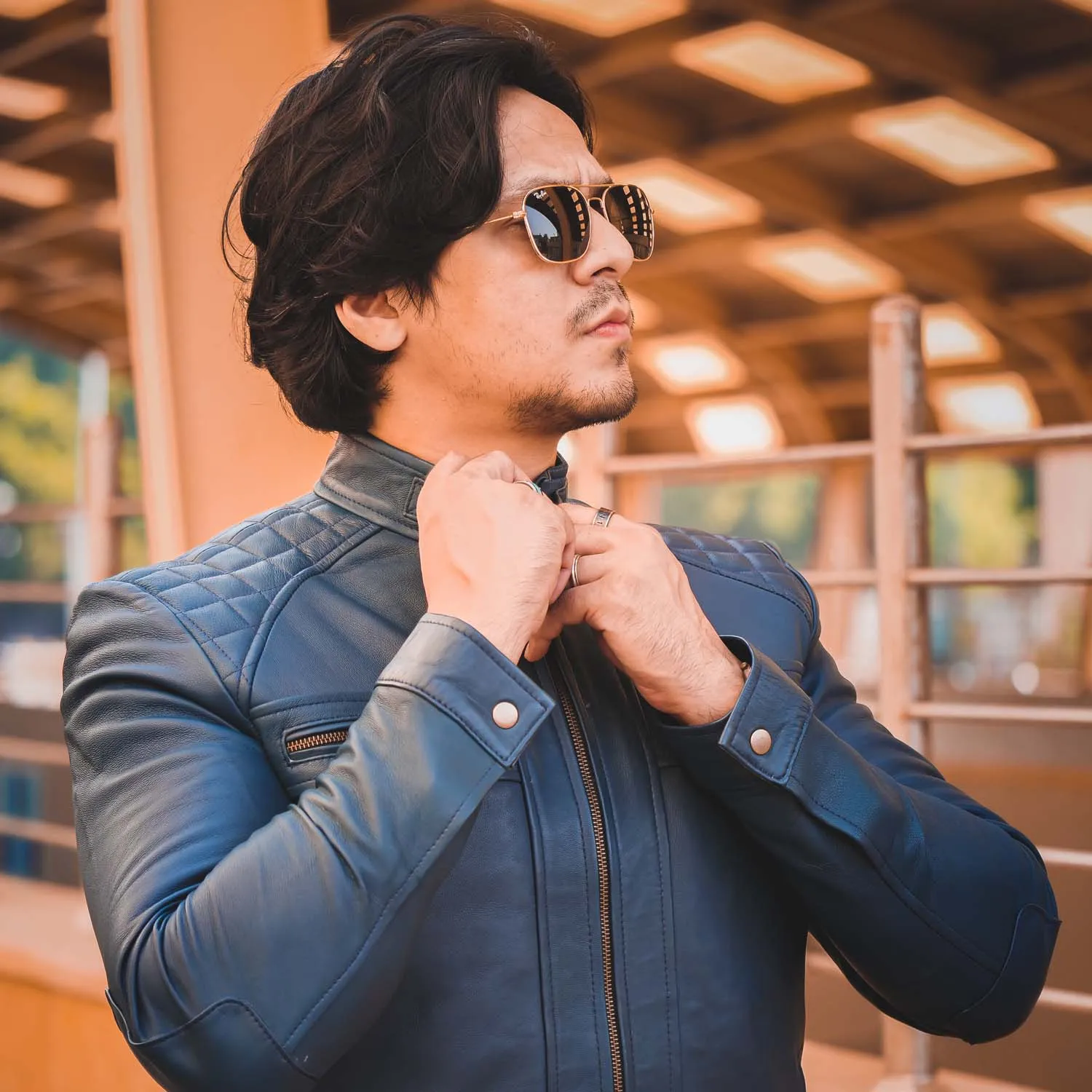 Men's Diamond Style Cafe Racer Blue Leather Jacket