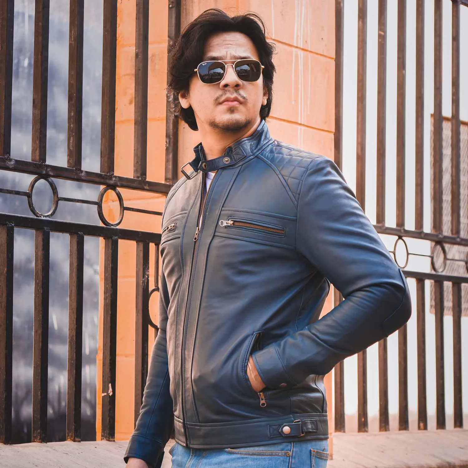 Men's Diamond Style Cafe Racer Blue Leather Jacket