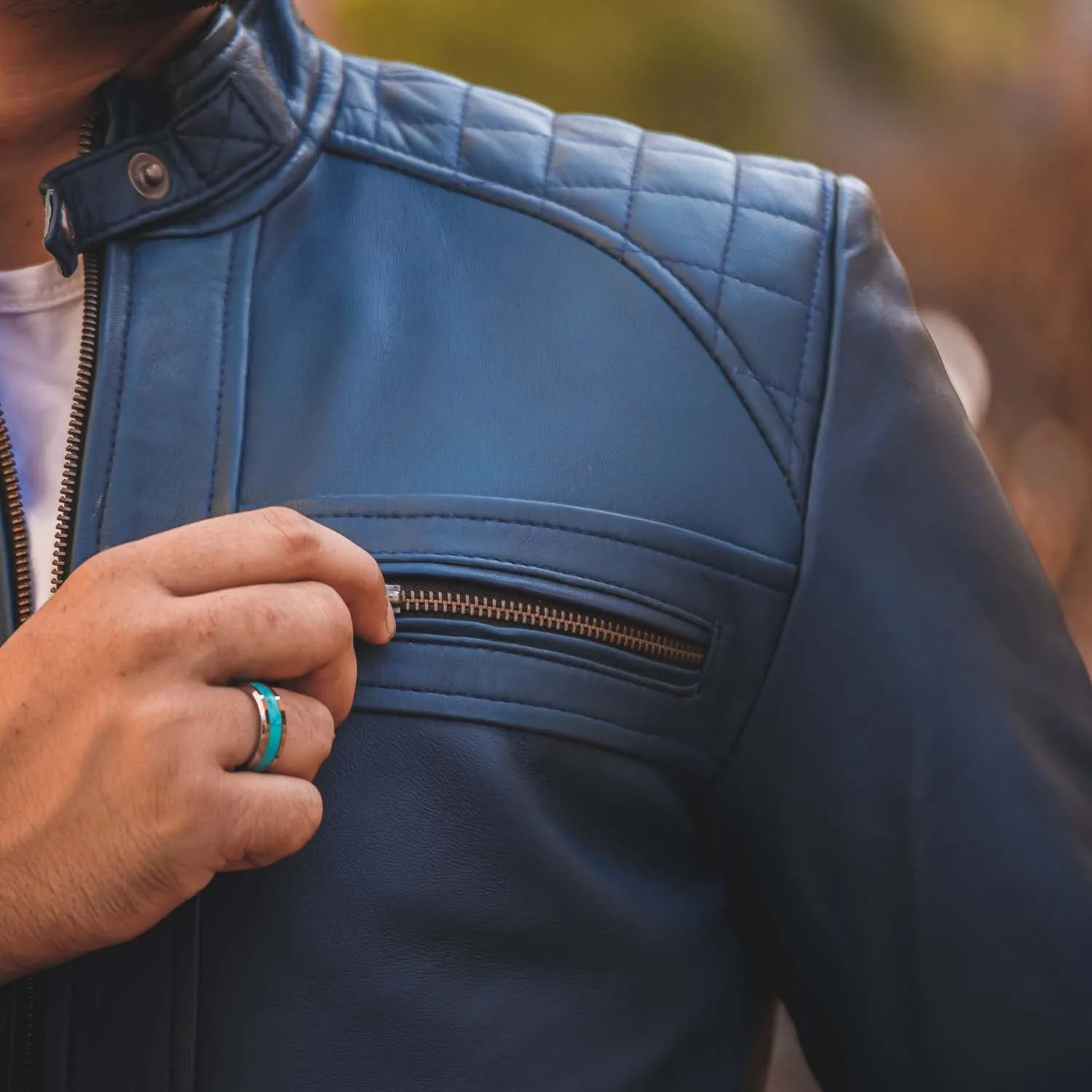 Men's Diamond Style Cafe Racer Blue Leather Jacket