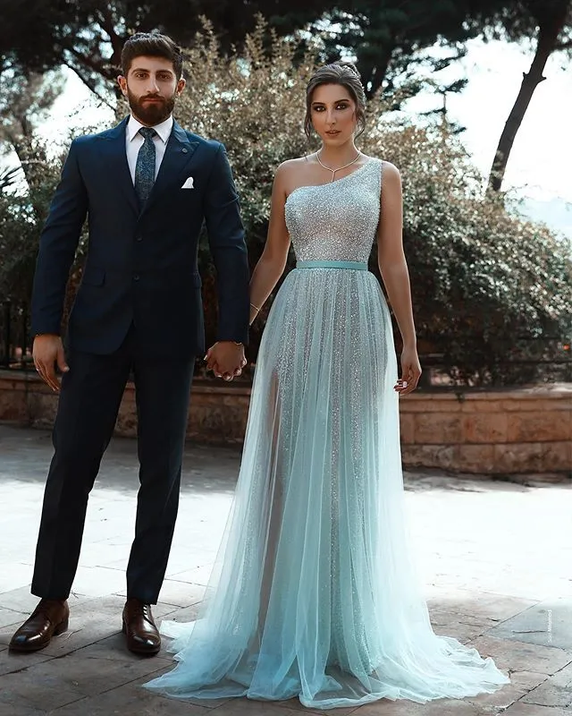 One Shoulder Sequin Tulle Prom Dresses, Side Slit Prom Dresses, Shiny Prom Dresses, 2021 Prom Dresses