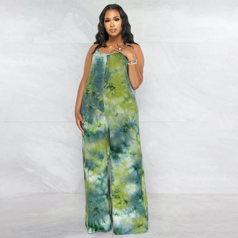 Plus Size New Tie-Dyed Printed Sling Casual Pants Straight Stylish Loose  Jumpsuit