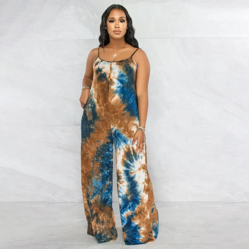 Plus Size New Tie-Dyed Printed Sling Casual Pants Straight Stylish Loose  Jumpsuit