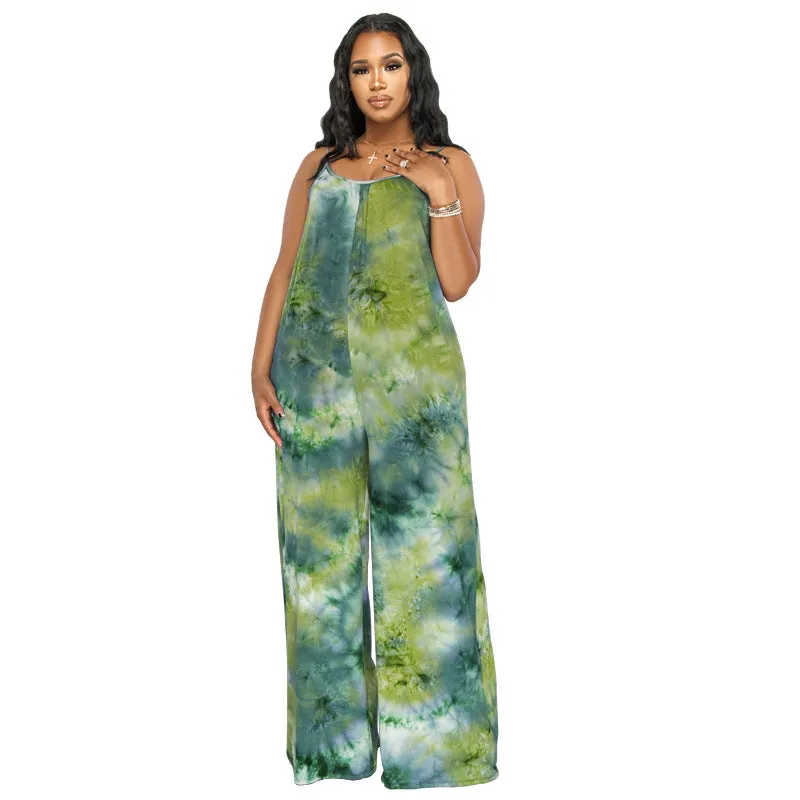 Plus Size New Tie-Dyed Printed Sling Casual Pants Straight Stylish Loose  Jumpsuit