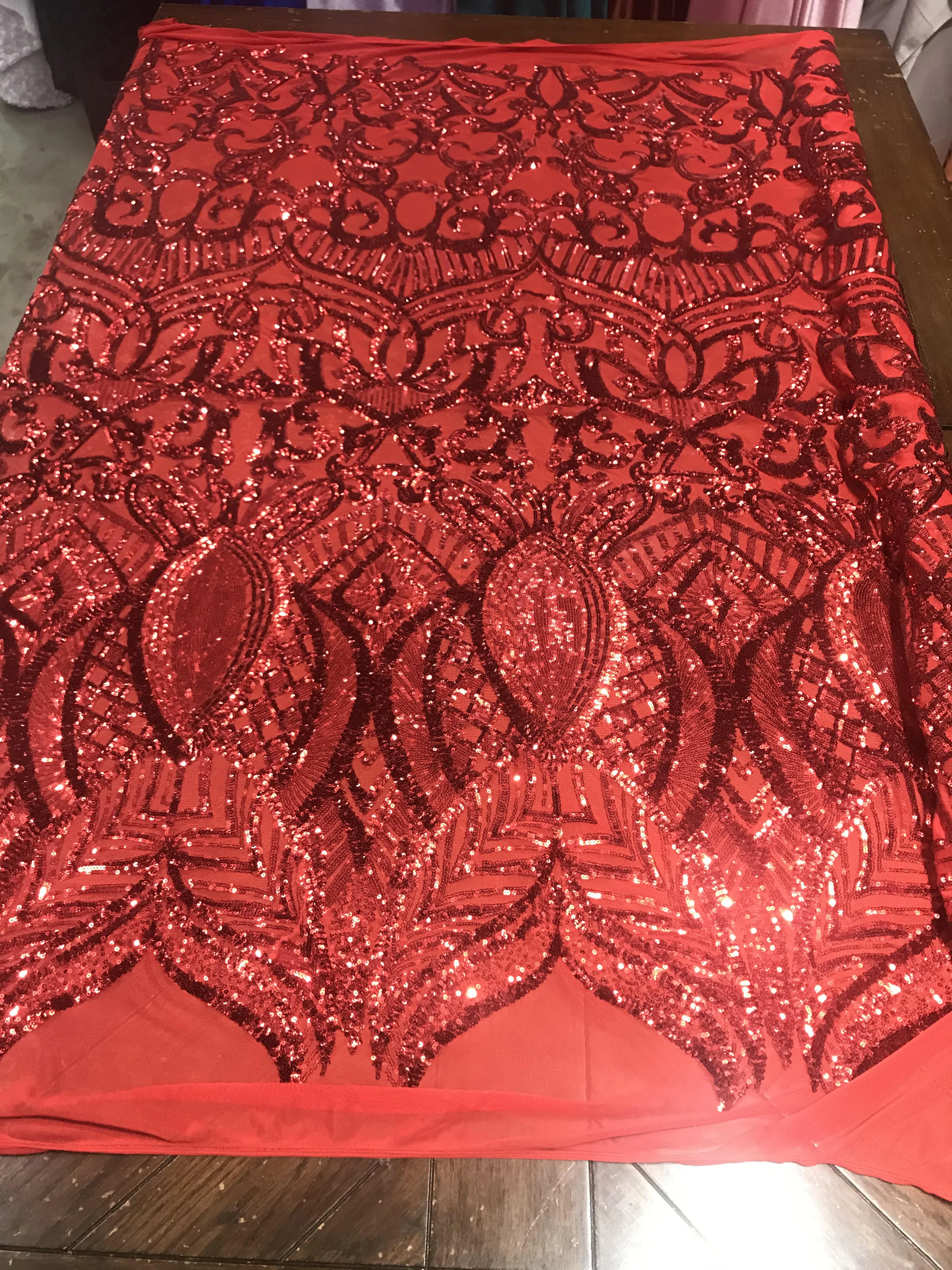 Royalty design embroidery with sequins on a 4 way stretch mesh-dresses-fashion-prom-nightgown-apparel-sold by the yard.